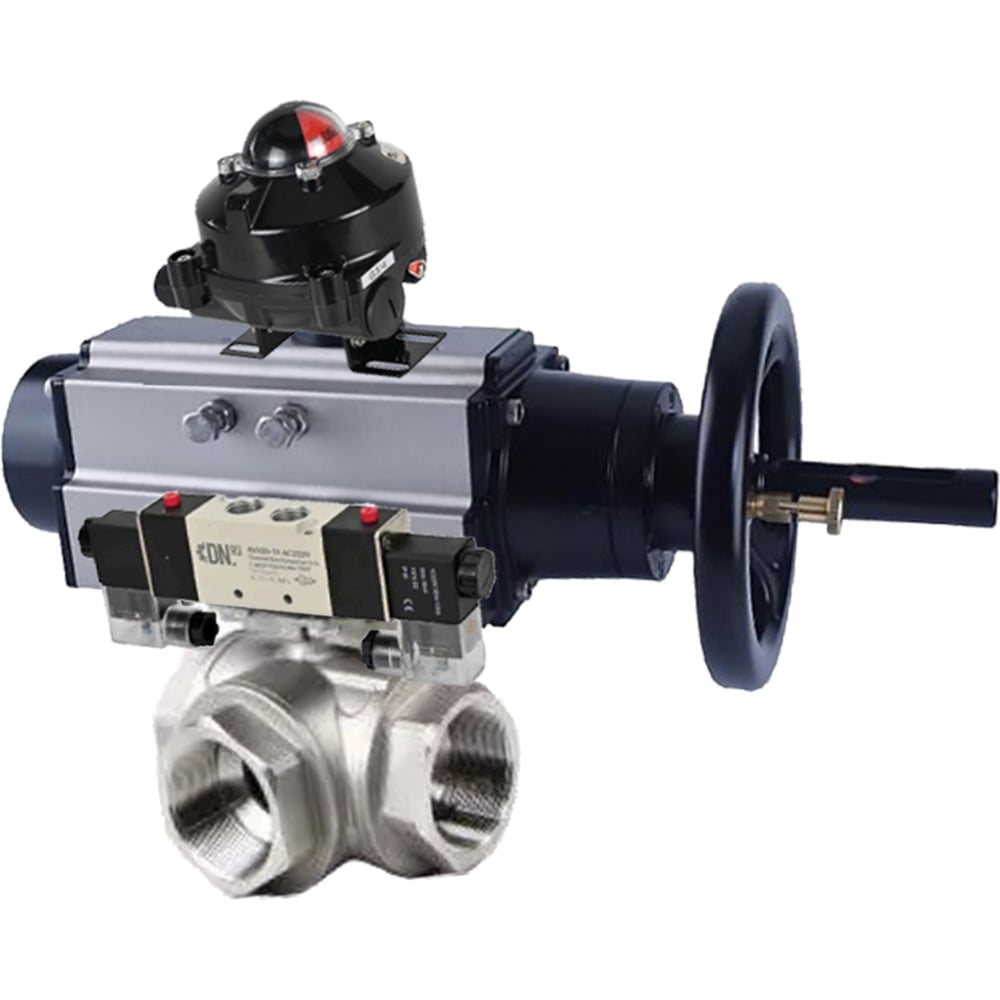 Изображение товара Шаровой кран DN.ru RP.SS316.200.MM L-тип Ду80 Ру40 пневмопривод упр