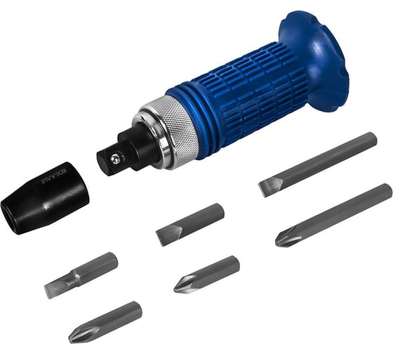 Изображение товара Отвертка ударно-поворотная КОБАЛЬТ 1/2, переходник + 6 бит в комплекте, биты из хром-ванадия, прорезиненная рукоятка, кейс 920-155