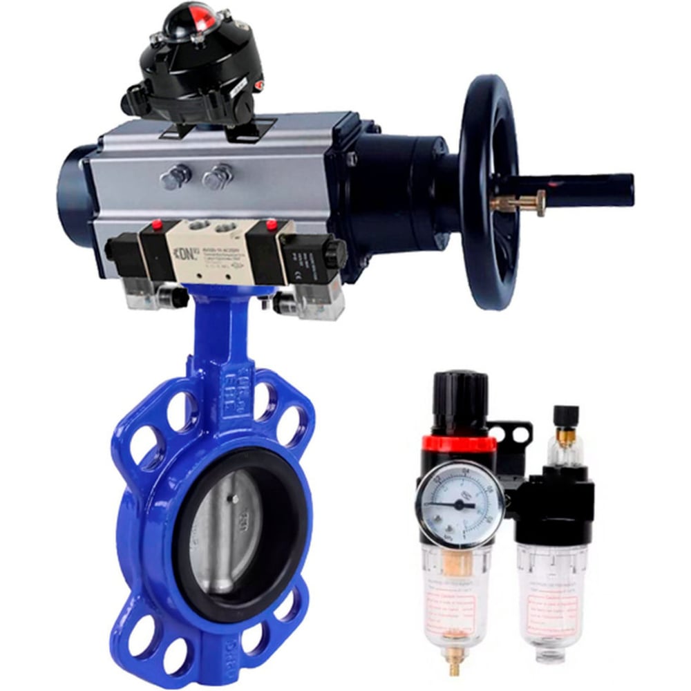 Изображение товара Затвор DN.ru WCB-316L-NBR Ду80 Ру16 с пневмоприводом и пневмораспределителем