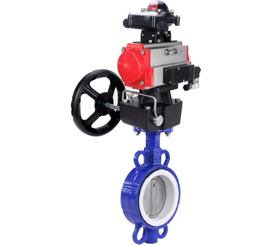 Изображение товара Затвор DN.ru WCB-316L-PTFE Ду100 Ру16 с пневмоприводом, пневмораспределителем, БКВ, дублером D050-64486