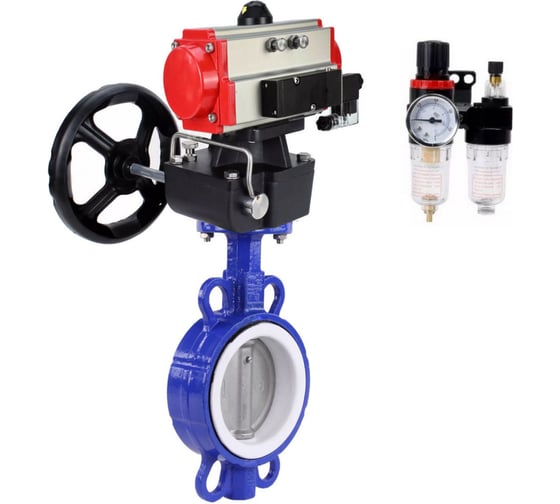 Изображение товара Затвор DN.ru WCB-316L-PTFE Ду50 Ру16 с пневмоприводом, пневмораспределителем, БПВ, дублером D050-64563