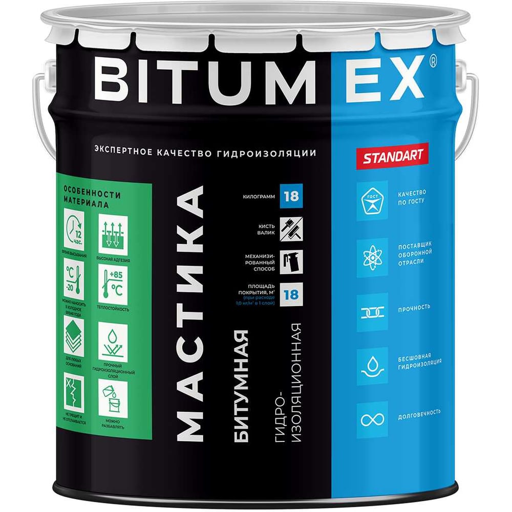 Изображение товара Мастика битумная BITUMEX Гидроизоляционная ведро 18кг МБ-018