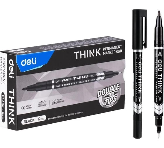 Изображение товара Маркер DELI перманентный Think двойной пиш. наконечник 0.5-1мм черный EU211-BK