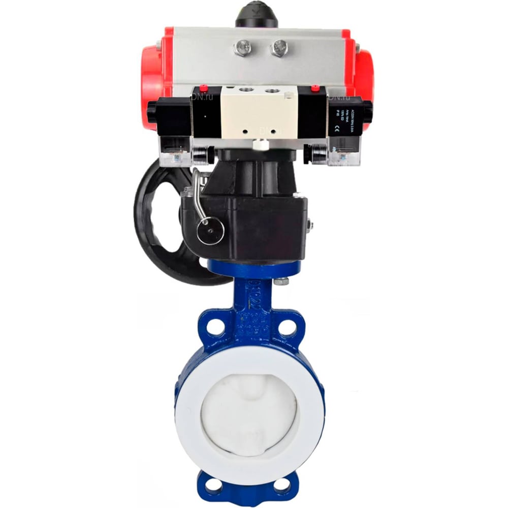 Изображение товара Затвор DN.ru WCB-WCB-PTFE-PTFE-Fb-R Ду150 Ру16 с пневмоприводом и пневмораспределителем