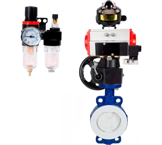 Изображение товара Затвор DN.ru WCB-WCB-PTFE-PTFE-Fb-H Ду100 Ру16 с пневмоприводом, пневмораспределителем, БПВ, БКВ, дублером D050-60168