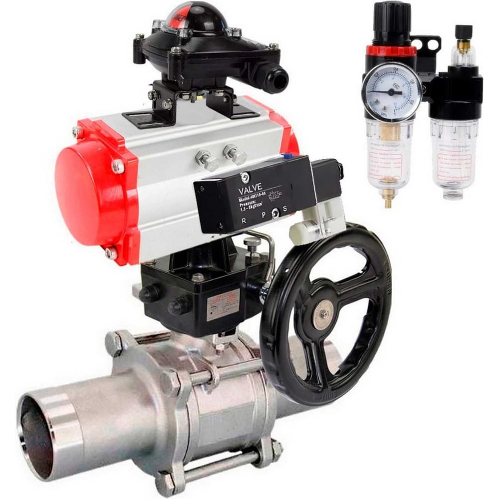 Изображение товара Шаровой кран DN.ru 304-304 LONG Ду10 Ру63 пневмопривод с нержавеющей сталью и разборным корпусом