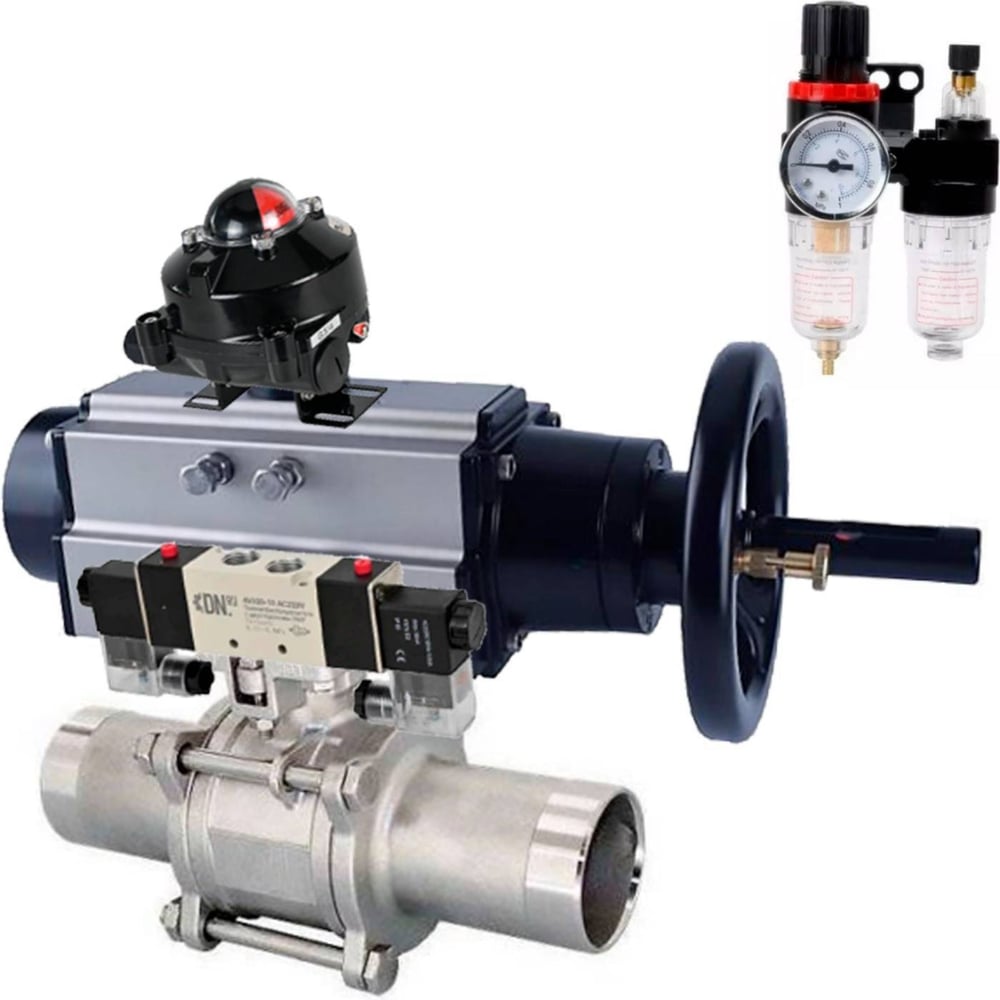 Изображение товара Шаровой кран DN.ru 316-316 LONG Ду80 Ру25 пневмопривод, нержавеющая сталь, двухходовой, под приварк