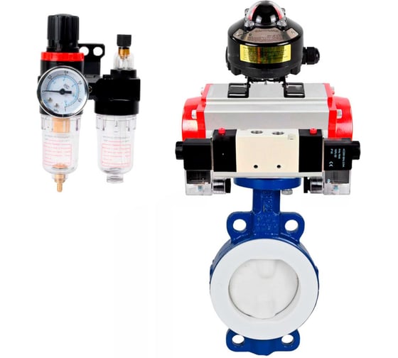 Изображение товара Затвор DN.ru WCB-WCB-PTFE-PTFE-Fb-H Ду50 Ру16 с пневмоприводом, пневмораспределителем, БПВ, БКВ D050-60058