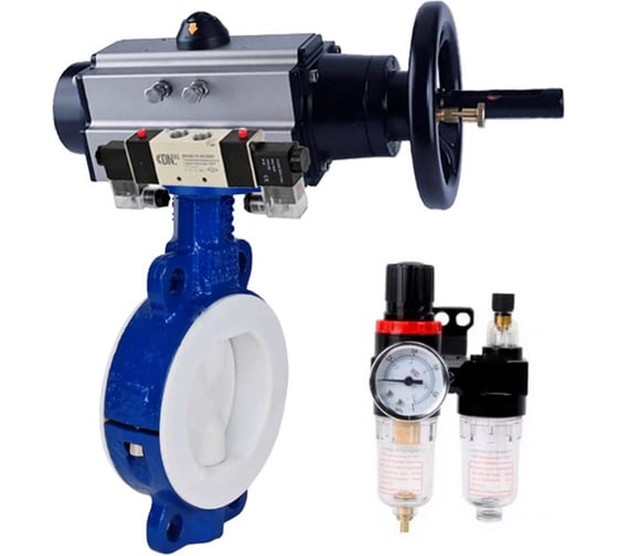 Изображение товара Затвор DN.ru WCB-WCB-PTFE-PTFE-Fb-R Ду150 Ру16 с пневмоприводом, пневмораспределителем, БПВ D050-65198