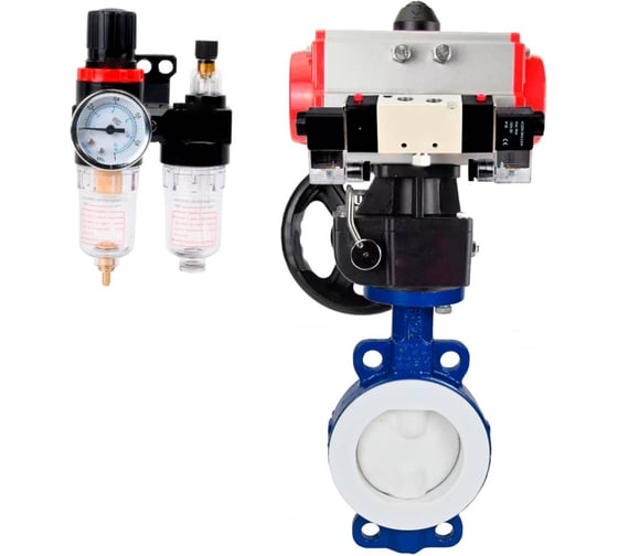 Изображение товара Затвор DN.ru WCB-WCB-PTFE-PTFE-Fb-R Ду250 Ру16 с пневмоприводом, пневмораспределителем, БПВ, дублером D050-60247
