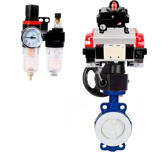 Изображение товара Затвор DN.ru WCB-WCB-PTFE-PTFE-Fb-R Ду150 Ру16 с пневмоприводом, пневмораспределителем, БПВ, БКВ, дублером D050-60223