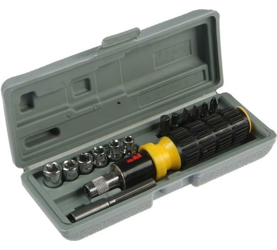 Изображение товара Отвертка с набором бит и головок ТУНДРА, реверсивная, в кейсе, 15 предметов 881843