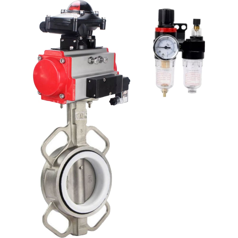 Изображение товара Затвор DN.ru 316L-316L-PTFE Ду80 Ру16 с пневмоприводом дисковый из нержавеющей стали