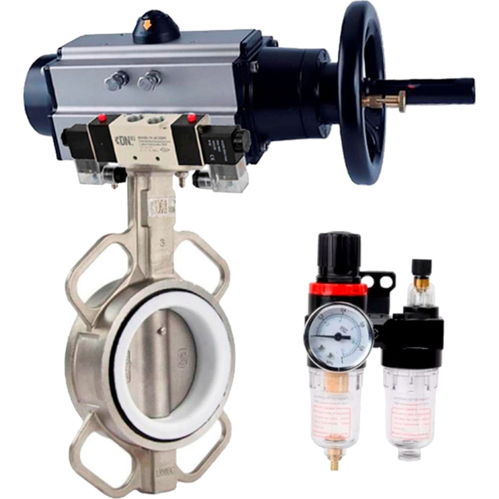Изображение товара Затвор DN.ru 316L-316L-PTFE Ду100 Ру16 с пневмоприводом дисковый профессиональный