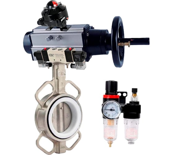 Изображение товара Затвор DN.ru 316L-316L-PTFE Ду40 Ру16 с пневмоприводом, пневмораспределителем, БПВ, БКВ D050-63074