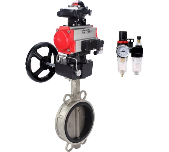 Изображение товара Затвор DN.ru 316L-316L-VITON Ду200 Ру16 с пневмоприводом, пневмораспределителем, БПВ, БКВ, дублером D050-63683