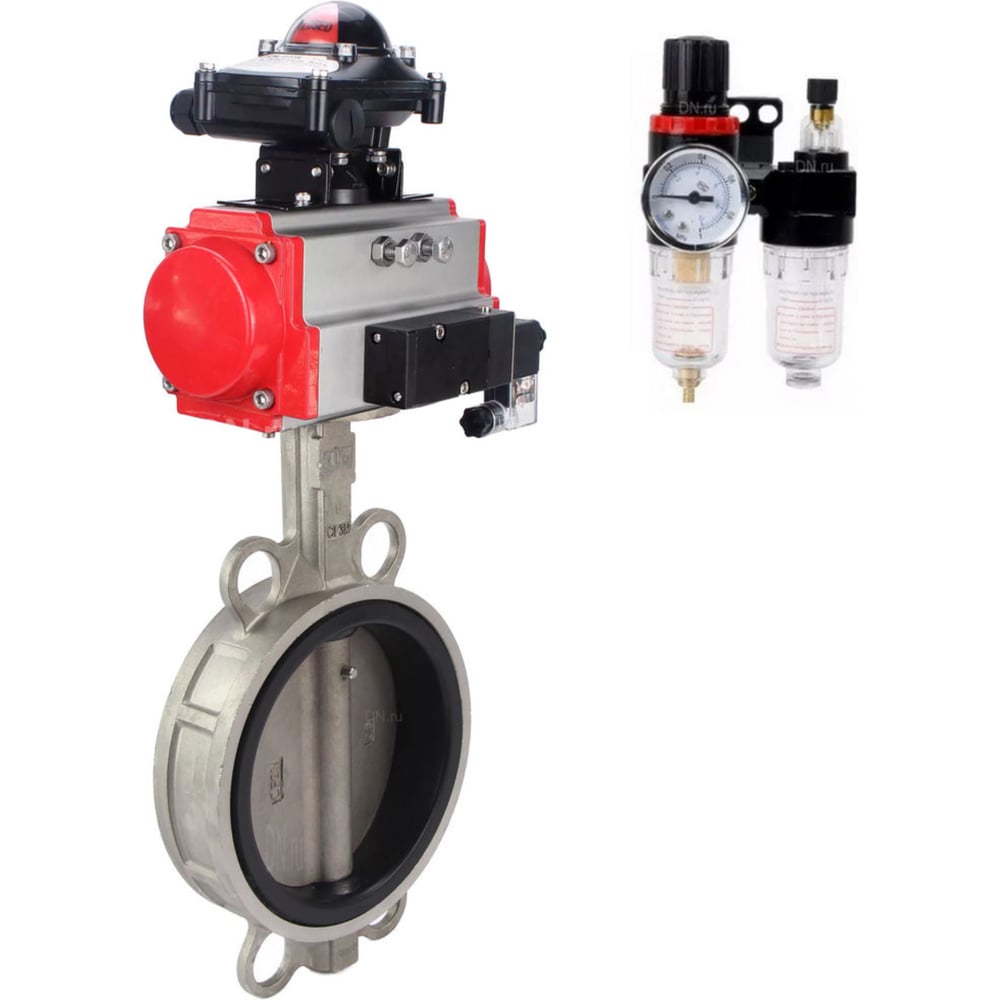 Изображение товара Затвор DN.ru 316L-316L-VITON Ду50 Ру16 с пневмоприводом и распредителем