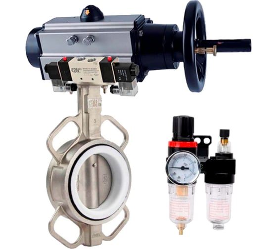 Изображение товара Затвор DN.ru 316L-316L-PTFE Ду40 Ру16 с пневмоприводом, пневмораспределителем, БПВ D050-63050