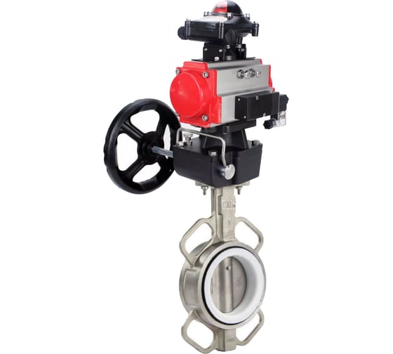 Изображение товара Затвор DN.ru 316L-316L-PTFE Ду40 Ру16 с пневмоприводом, пневмораспределителем, БКВ, дублером D050-62914