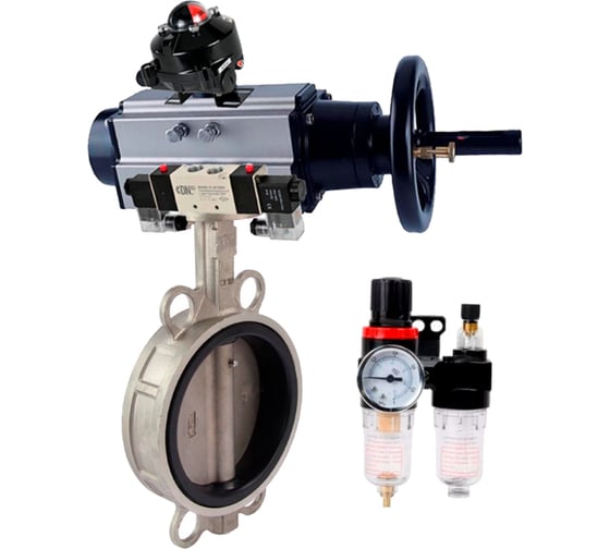 Изображение товара Затвор DN.ru 316L-316L-VITON Ду125 Ру16 с пневмоприводом, пневмораспределителем, БПВ, БКВ D050-63735