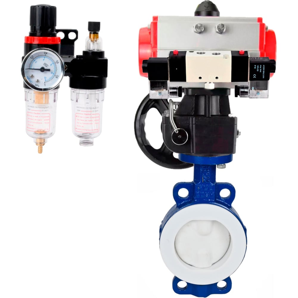 Изображение товара Затвор DN.ru WCB-WCB-PTFE-PTFE-Fb-H Ду65 с пневмоприводом и дублером