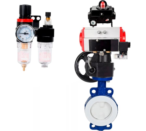 Изображение товара Затвор DN.ru WCB-WCB-PTFE-PTFE-Fb-H Ду80 Ру16 с пневмоприводом, пневмораспределителем, БПВ, БКВ, дублером D050-60208