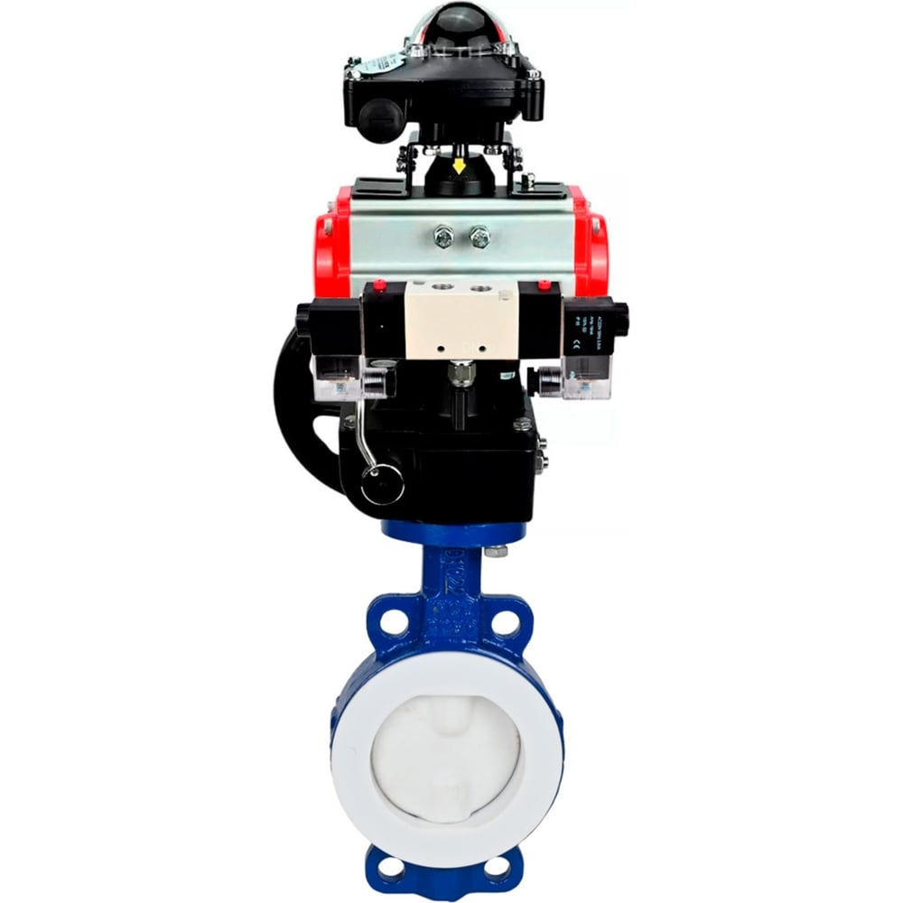 Изображение товара Затвор DN.ru WCB-WCB-PTFE-PTFE-Fb-H Ду125 Ру16 с пневмоприводом и пневмораспределителем