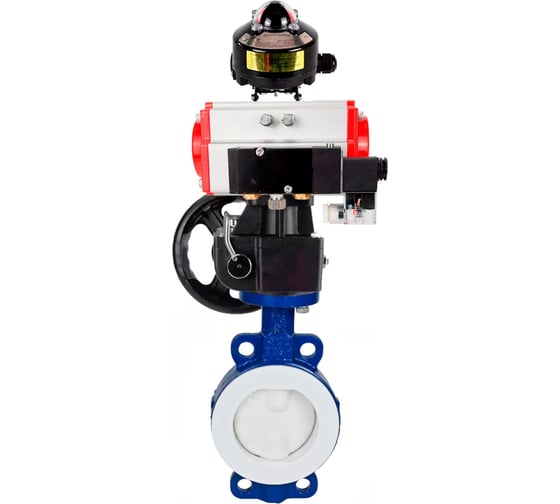 Изображение товара Затвор DN.ru WCB-WCB-PTFE-PTFE-Fb-H Ду125 Ру16 с пневмоприводом, пневмораспределителем, БКВ, дублером D050-59801