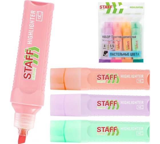 Изображение товара Набор текстовыделителей 4 ПАСТЕЛЬНЫХ ЦВЕТА, EVERYDAY HL-707, линия 1-5 мм, Staff 152549