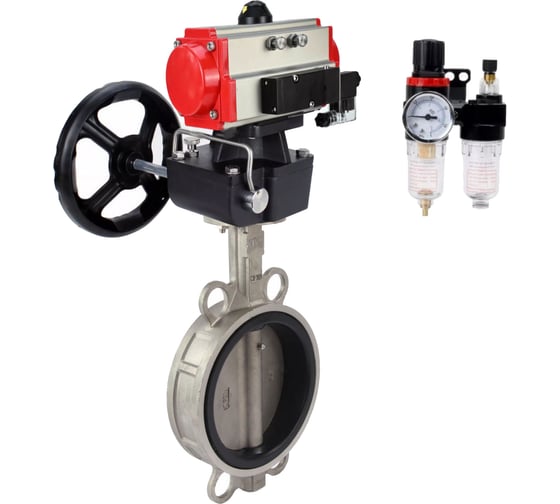 Изображение товара Затвор DN.ru 316L-316L-VITON Ду250 Ру16 с пневмоприводом, пневмораспределителем, БПВ, дублером D050-63666
