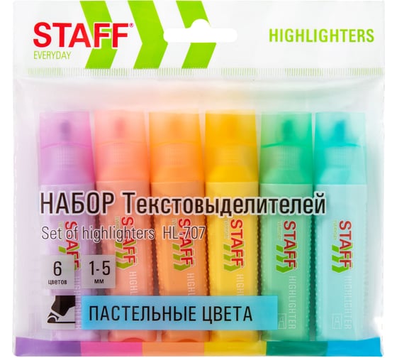 Изображение товара Набор текстовыделителей 6 ПАСТЕЛЬНЫХ ЦВЕТОВ, EVERYDAY HL-707, линия 1-5 мм, Staff 152551