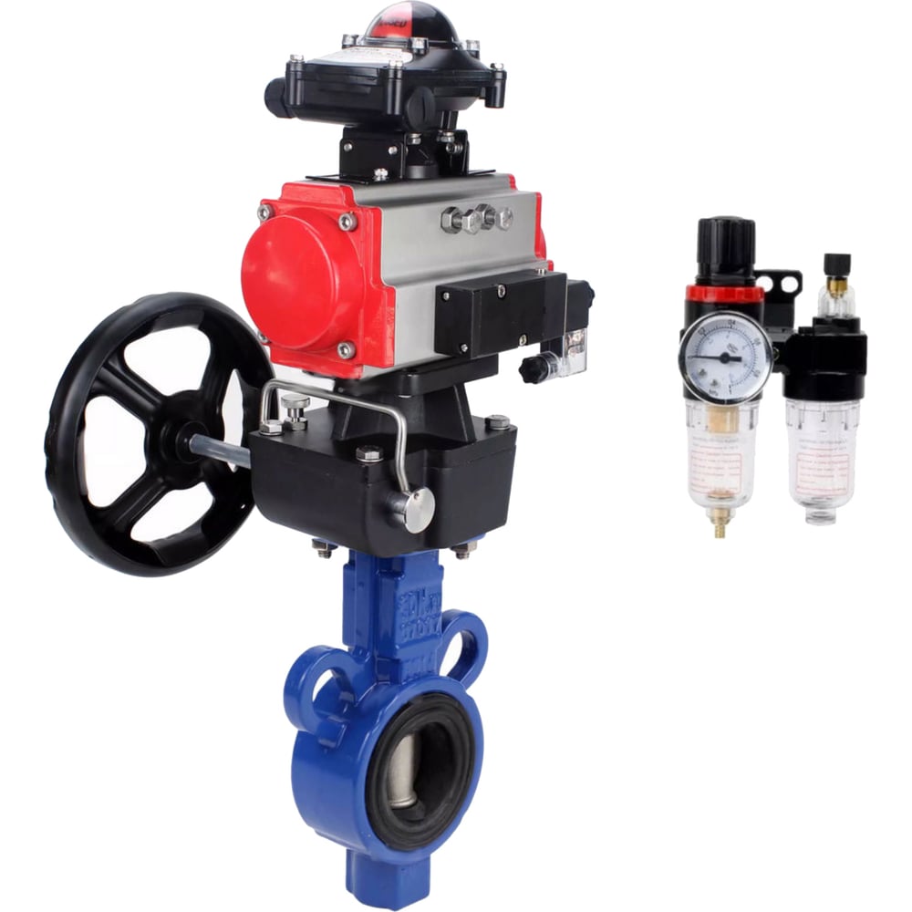 Изображение товара Затвор DN.ru AL-316L-EPDM Ду25 Ру16 с пневмоприводом, пневмораспределителем, БКВ, дублером, БПВ D050-64696