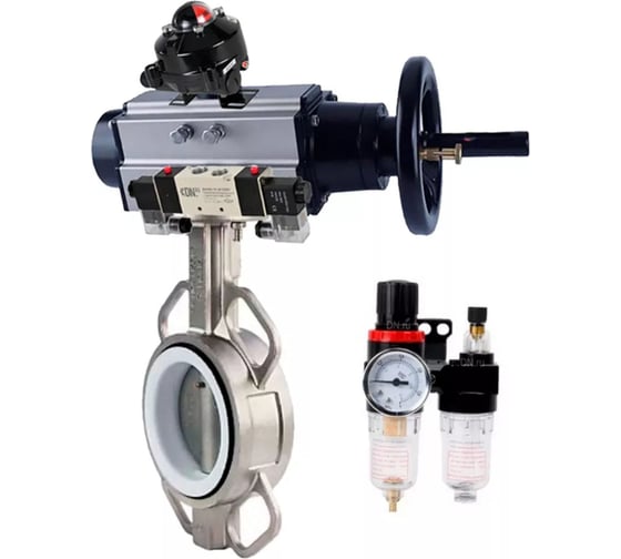 Изображение товара Затвор DN.ru 304-304-PTFE-2W-Fb Ду125 Ру16, пневмопривод, пневмораспределитель, БКВ, БПВ D050-65156