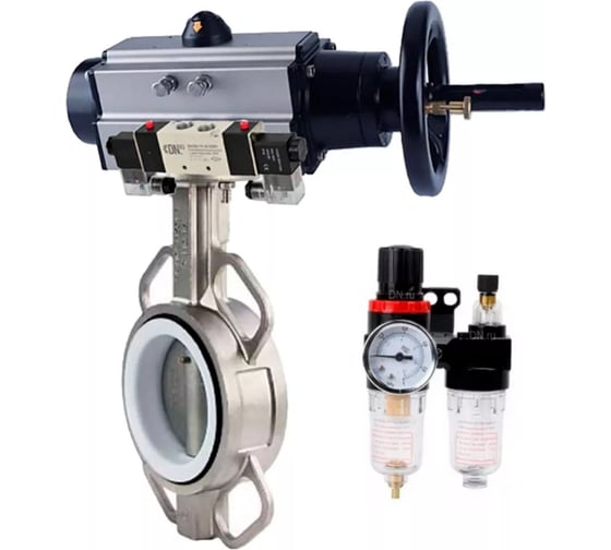 Изображение товара Затвор DN.ru 304-304-PTFE-2W-Fb Ду150 Ру16, пневмопривод, пневмораспределитель, БПВ D050-65145