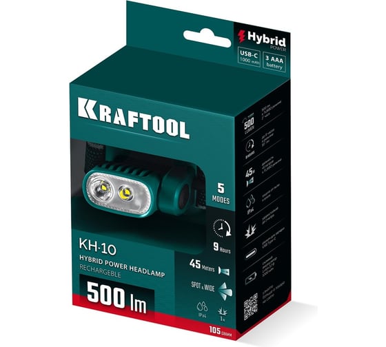 Изображение товара Аккумуляторный налобный фонарь KRAFTOOL KH-10 500 лм, 5 режимов, 3ААА 56452