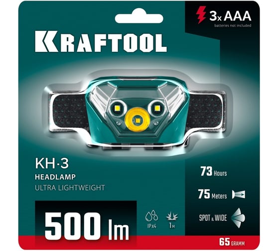 Изображение товара Налобный фонарь KRAFTOOL KH-3 500 лм, 5 режимов, налобный фонарь, 3ААА 56456