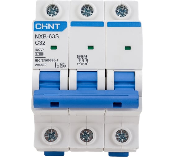 Изображение товара Автоматический выключатель CHINT NXB-63S 3P 32А 4.5kA характеристика C R 296830