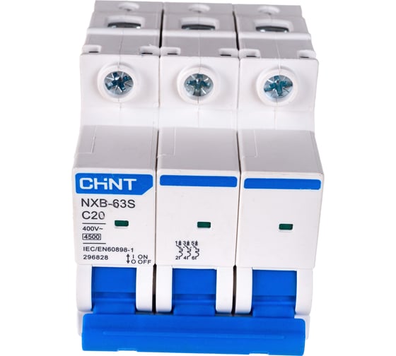 Изображение товара Автоматический выключатель CHINT NXB-63S 3P 20А 4.5kA характеристика C R 296828