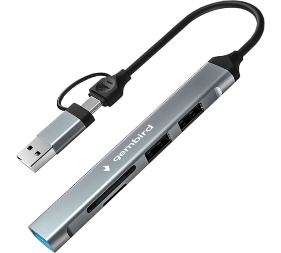 Изображение товара Картридер Gembird Type-C/USB-A (3.1), 5в1: 2xUSB2.0, USB3.1, SD/TF, кабель 10см, алюминий, коробка, FD2-MSD-3