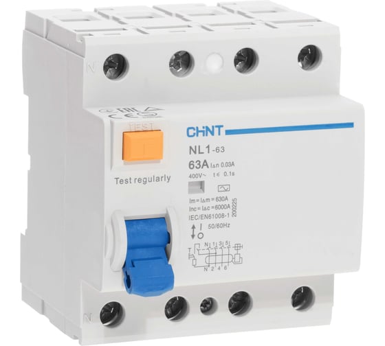 Изображение товара Устройство защитного отключения CHINT NL1-63 6kA 4P 63A 30mA тип AC 200225