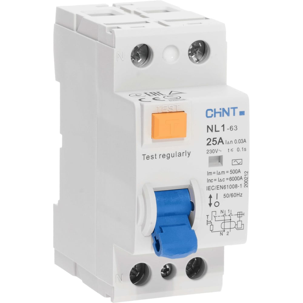 Изображение товара Устройство защитного отключения CHINT NL1-63 6kA 2P 25A 30mA тип AC
