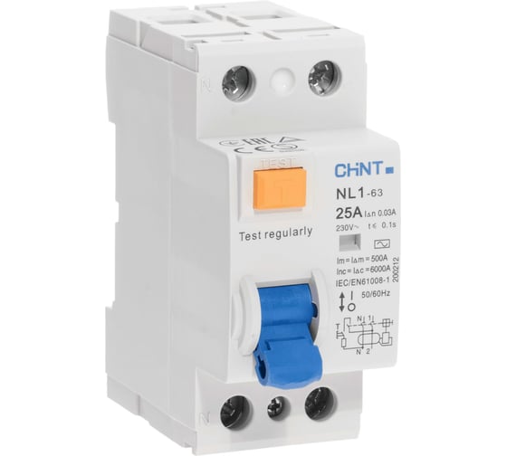 Изображение товара Устройство защитного отключения CHINT NL1-63 6kA 2P 25A 30mA тип AC 200212
