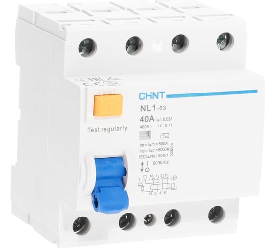 Изображение товара Устройство защитного отключения CHINT NL1-63 6kA 4P 40A 30mA тип AC 200224
