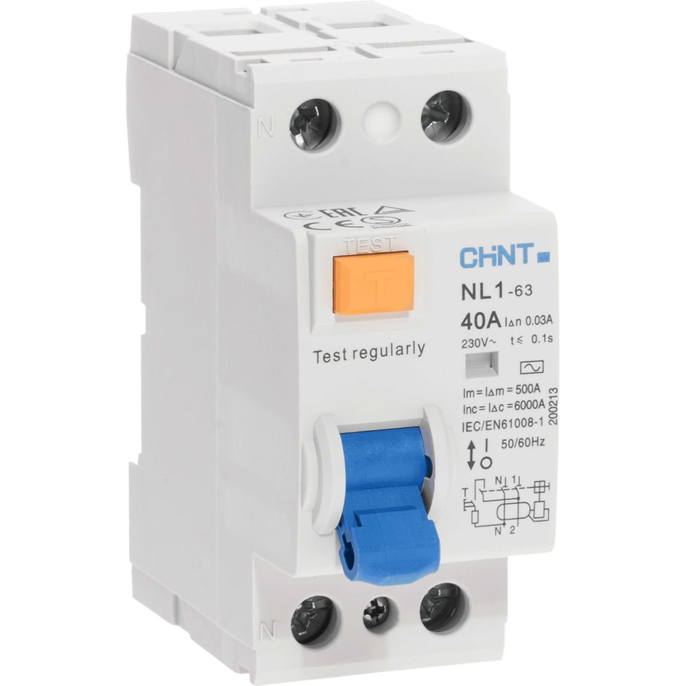 Изображение товара Устройство защитного отключения CHINT NL1-63 6kA 2P 40A 30mA тип AC