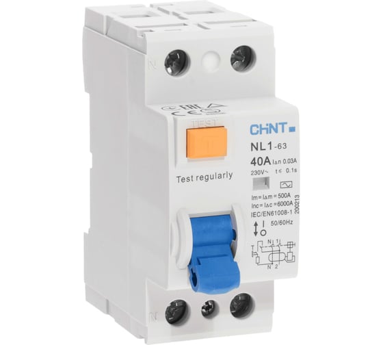 Изображение товара Устройство защитного отключения CHINT NL1-63 6kA 2P 40A 30mA тип AC 200213