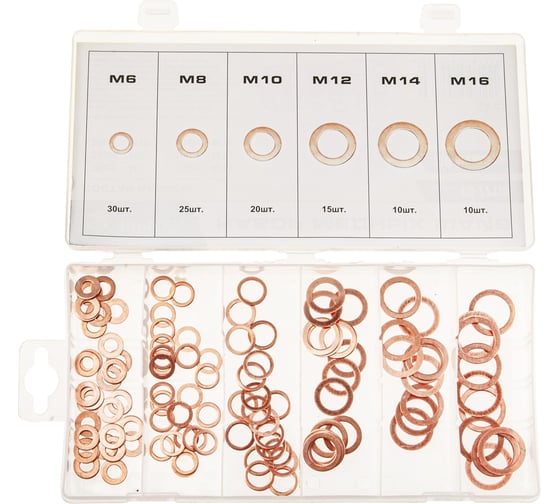 Изображение товара Набор медных шайб Эврика М6 М8 М10 М12 М14 М16 110пр. в кейсе ER-77110 991932