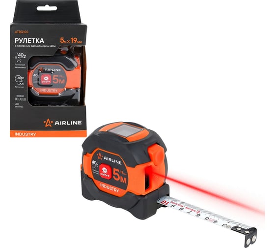 Изображение товара Рулетка Airline 5 м, 19 мм INDUSTRY c лазерным дальномером 40м, магнитный зацеп, двусторонняя шкала ATBQ100