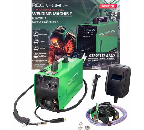 Изображение товара Сварочный аппарат Rockforce 4.5кВт, 230В, диаметр электрода - 1.6-4мм, диаметр проволоки - 0.6-1мм, сварочный ток - 40-210А RF-MIG-210P(58936)