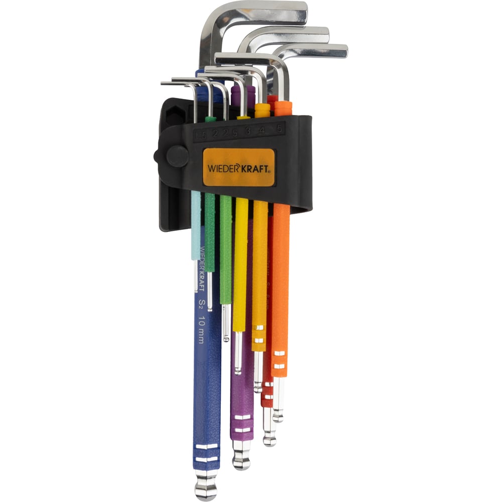 Изображение товара Набор шестигранных ключей WIEDERKRAFT с шаром экстра-длинные 1,5-10 мм, 9 шт, сталь S2 WDK-HL1510