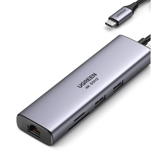 Изображение товара USB-концентратор (хаб) Ugreen CM512 USB-C to 2хUSB3.0, HDMI, RJ45, SD/TF, PD Port Converter, цвет серый () 90568